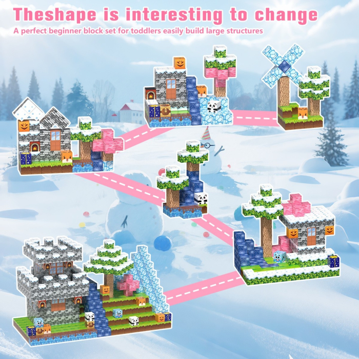 Set cuburi magnetice de constructie, joc educativ STEM cu blocuri magnetice tip pixel, castel medieval 3D, 100 piese, 3+ ani [3]