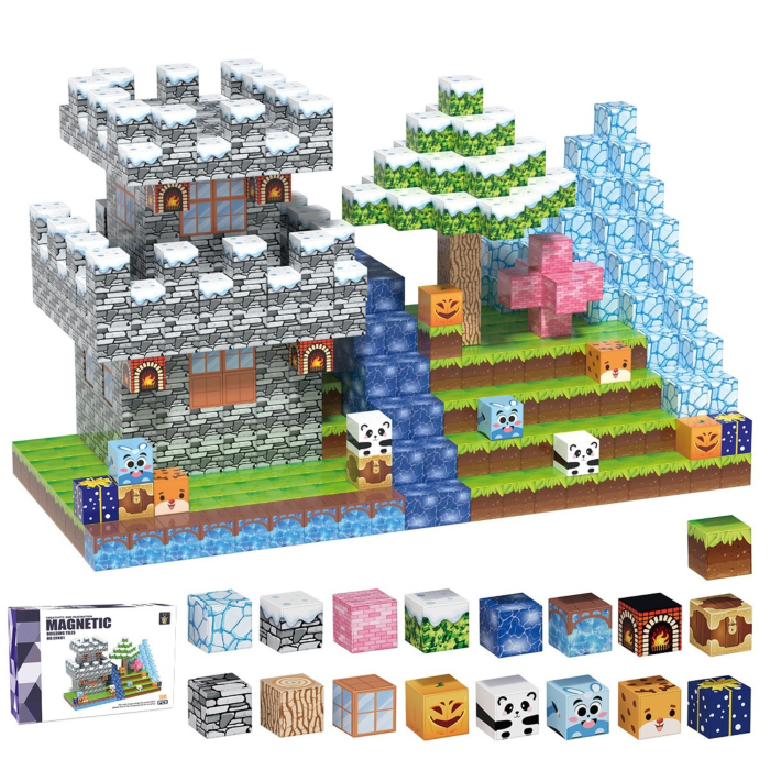 Set cuburi magnetice de constructie, joc educativ STEM cu blocuri magnetice tip pixel, castel medieval 3D, 100 piese, 3+ ani [4]