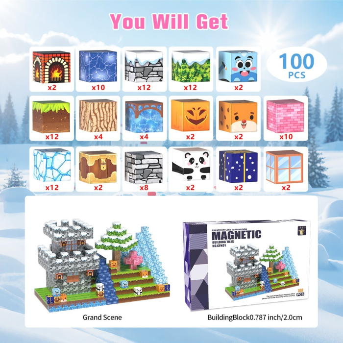 Set cuburi magnetice de constructie, joc educativ STEM cu blocuri magnetice tip pixel, castel medieval 3D, 100 piese, 3+ ani [5]