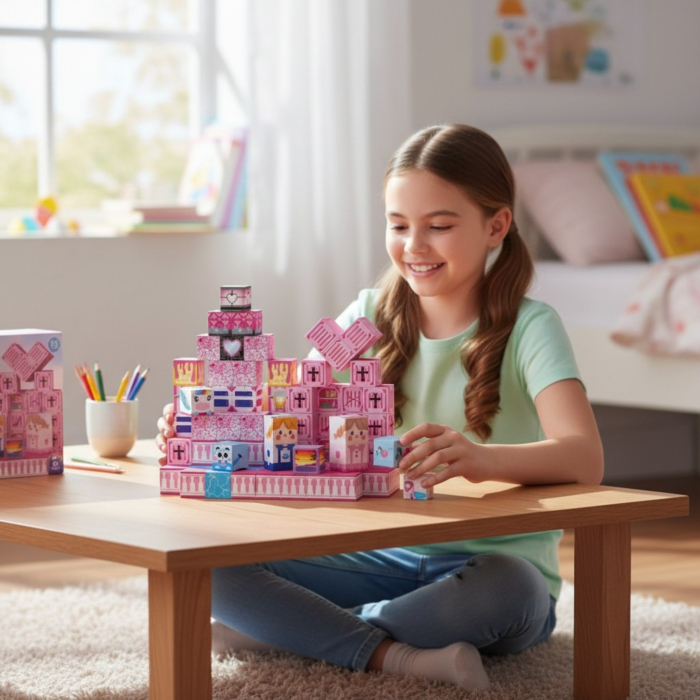 Set cuburi magnetice de constructie, joc educativ STEM cu blocuri magnetice tip pixel, castel printesa 3D, 80 piese, 3+ ani [4]