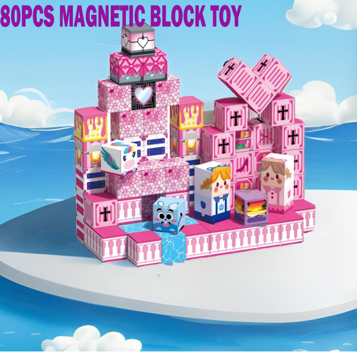 Set cuburi magnetice de constructie, joc educativ STEM cu blocuri magnetice tip pixel, castel printesa 3D, 80 piese, 3+ ani [6]