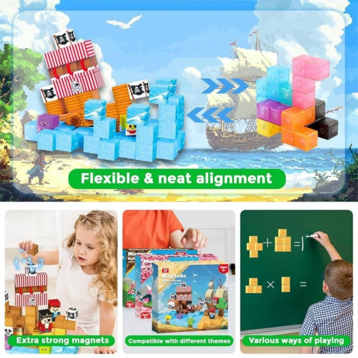 Set cuburi magnetice de constructie, joc educativ STEM cu blocuri magnetice tip pixel, corabie de pirati si insula 3D, 100 piese, 3+ ani [3]