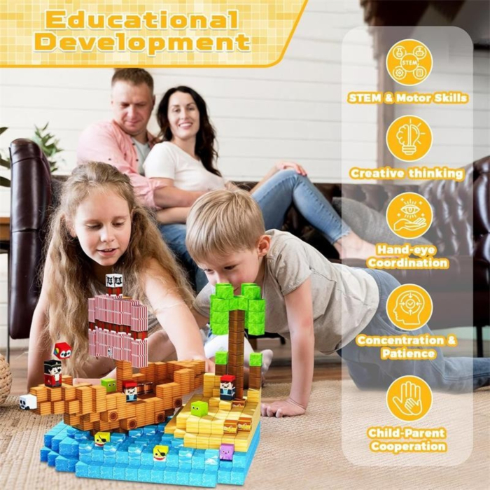 Set cuburi magnetice de constructie, joc educativ STEM cu blocuri magnetice tip pixel, corabie de pirati si insula 3D, 100 piese, 3+ ani [4]