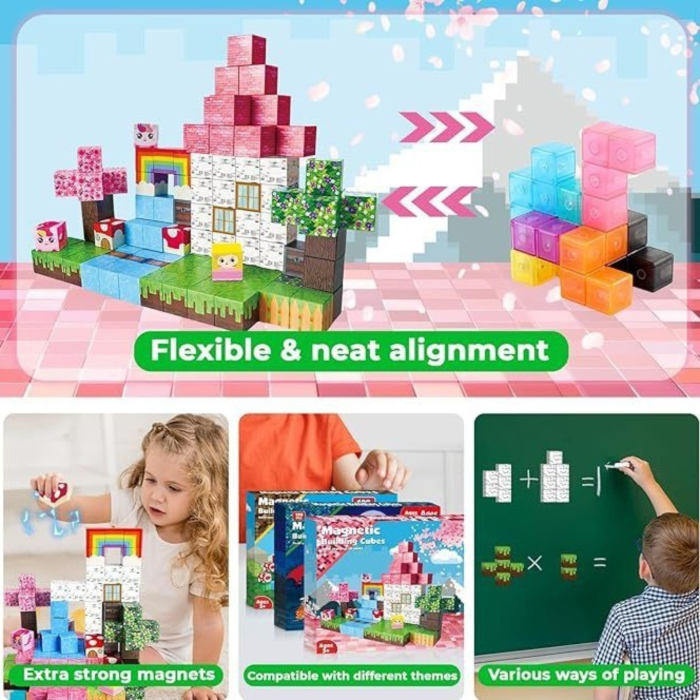 Set cuburi magnetice de constructie, joc educativ STEM cu blocuri magnetice tip pixel, curcubeu si unicorn fantasy 3D, 100 piese, 3+ ani [3]