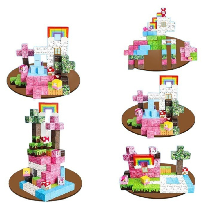 Set cuburi magnetice de constructie, joc educativ STEM cu blocuri magnetice tip pixel, curcubeu si unicorn fantasy 3D, 100 piese, 3+ ani [4]