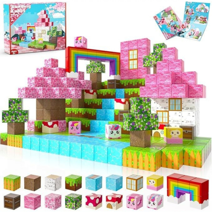 Set cuburi magnetice de constructie, joc educativ STEM cu blocuri magnetice tip pixel, curcubeu si unicorn fantasy 3D, 100 piese, 3+ ani [6]