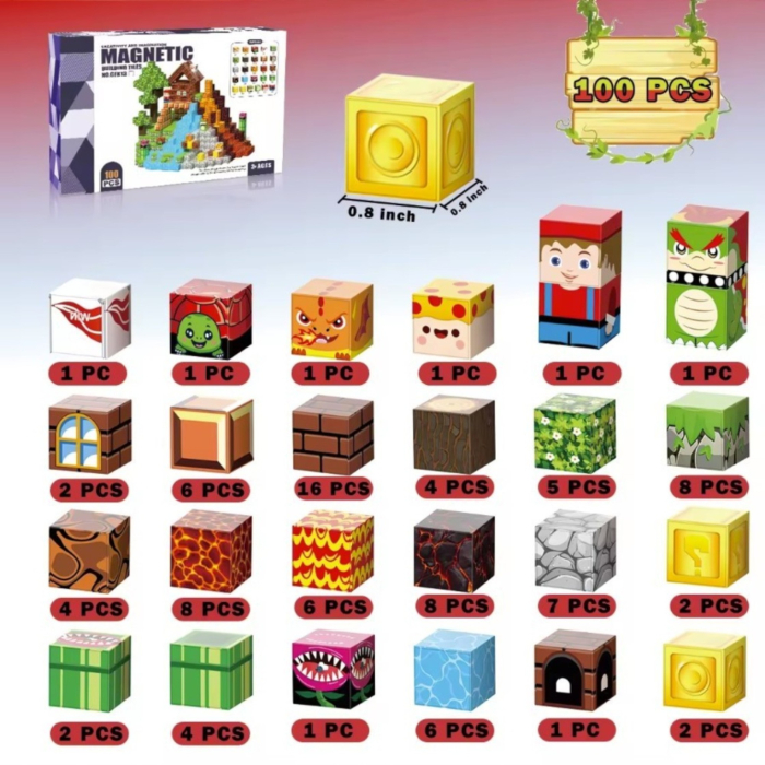 Set cuburi magnetice de constructie, joc educativ STEM cu blocuri magnetice tip pixel, munte si peisaj 3D, 100 piese, 3+ ani [5]