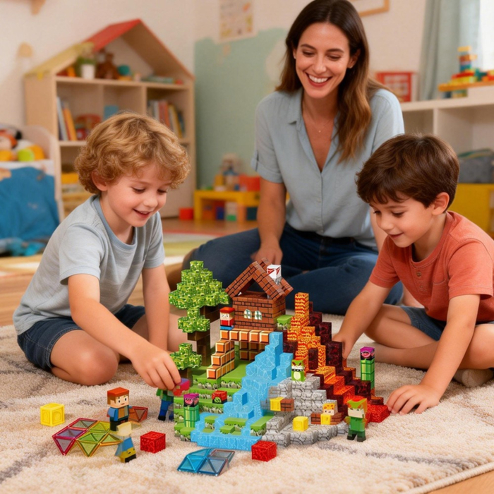 Set cuburi magnetice de constructie, joc educativ STEM cu blocuri magnetice tip pixel, munte si peisaj 3D, 100 piese, 3+ ani [6]