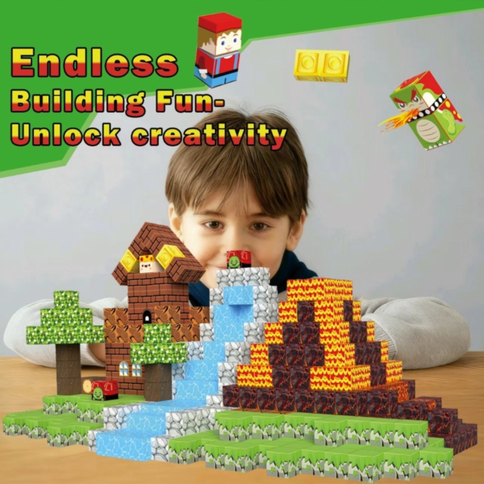 Set cuburi magnetice de constructie, joc educativ STEM cu blocuri magnetice tip pixel, munte si peisaj 3D, 100 piese, 3+ ani [4]