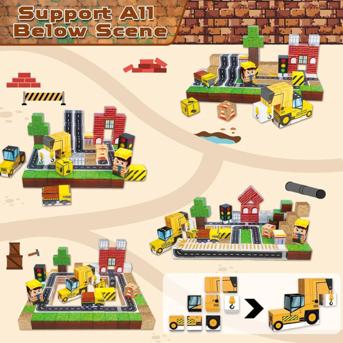 Set cuburi magnetice de constructie, joc educativ STEM cu blocuri magnetice tip pixel, santier si utilaje 3D, 100 piese, 3+ ani [3]