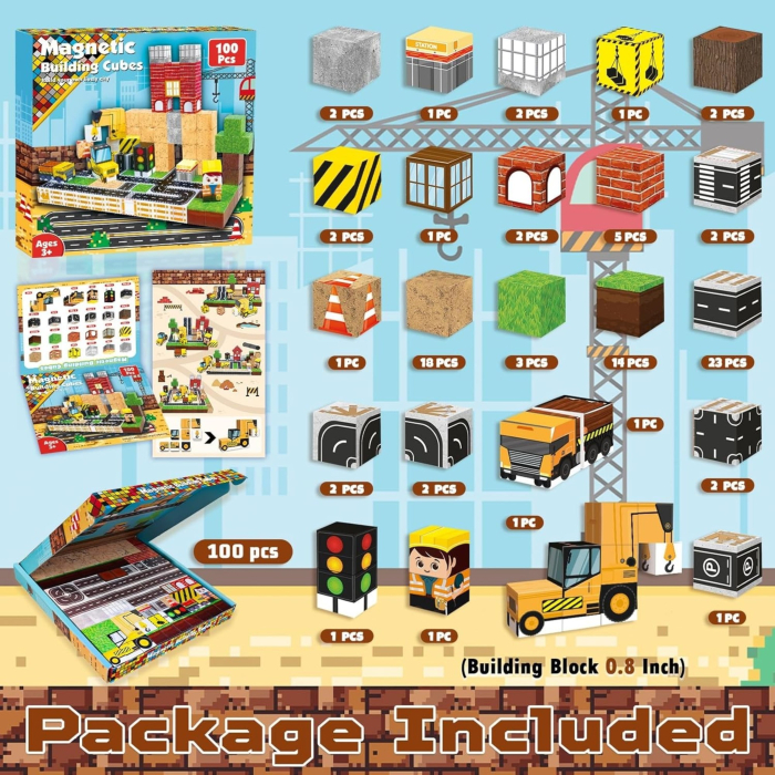 Set cuburi magnetice de constructie, joc educativ STEM cu blocuri magnetice tip pixel, santier si utilaje 3D, 100 piese, 3+ ani [2]