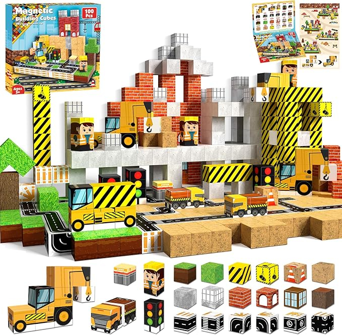 Set cuburi magnetice de constructie, joc educativ STEM cu blocuri magnetice tip pixel, santier si utilaje 3D, 100 piese, 3+ ani [6]
