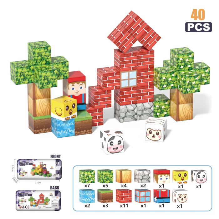 Set cuburi magnetice de constructie, joc educativ STEM cu blocuri magnetice tip pixel, sat 3D, 40 piese, 3+ ani [2]