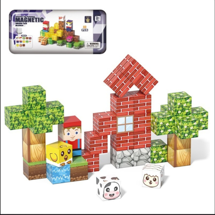 Set cuburi magnetice de constructie, joc educativ STEM cu blocuri magnetice tip pixel, sat 3D, 40 piese, 3+ ani [4]