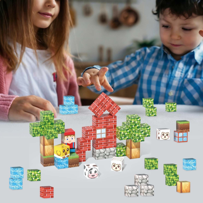 Set cuburi magnetice de constructie, joc educativ STEM cu blocuri magnetice tip pixel, sat 3D, 40 piese, 3+ ani [3]