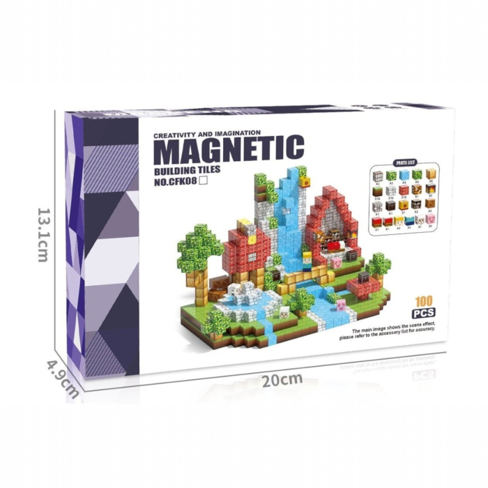 Set cuburi magnetice de constructie, joc educativ STEM cu blocuri magnetice tip pixel, sat cu cascada si rau 3D, 100 piese, 3+ ani [6]