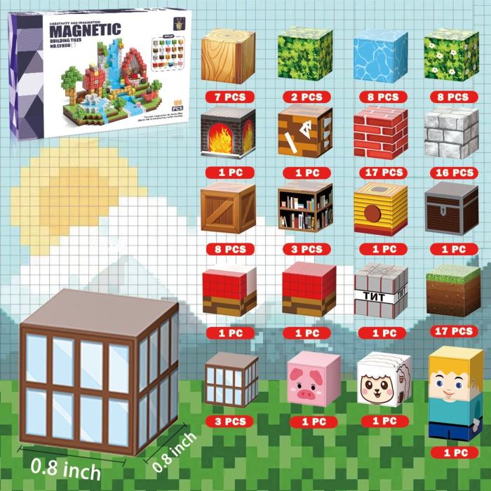 Set cuburi magnetice de constructie, joc educativ STEM cu blocuri magnetice tip pixel, sat cu cascada si rau 3D, 100 piese, 3+ ani [5]