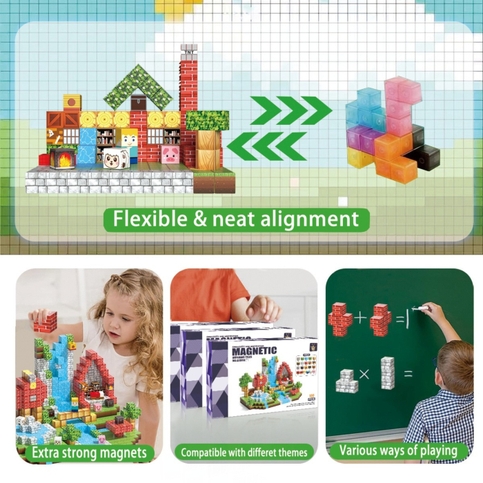 Set cuburi magnetice de constructie, joc educativ STEM cu blocuri magnetice tip pixel, sat cu cascada si rau 3D, 100 piese, 3+ ani [3]
