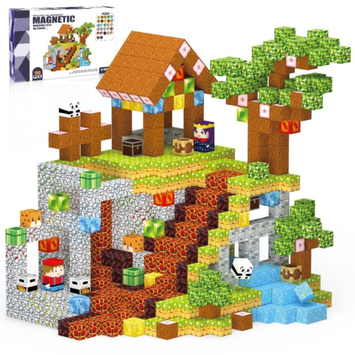 Set cuburi magnetice de constructie, joc educativ STEM cu blocuri magnetice tip pixel, sat cu cascada si rau 3D, 100 piese, 3+ ani [2]
