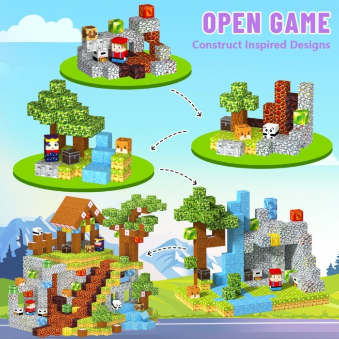 Set cuburi magnetice de constructie, joc educativ STEM cu blocuri magnetice tip pixel, sat cu cascada si rau 3D, 100 piese, 3+ ani [6]