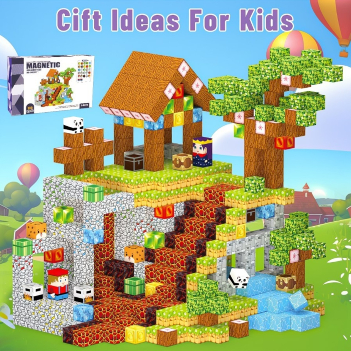 Set cuburi magnetice de constructie, joc educativ STEM cu blocuri magnetice tip pixel, sat cu cascada si rau 3D, 100 piese, 3+ ani [4]