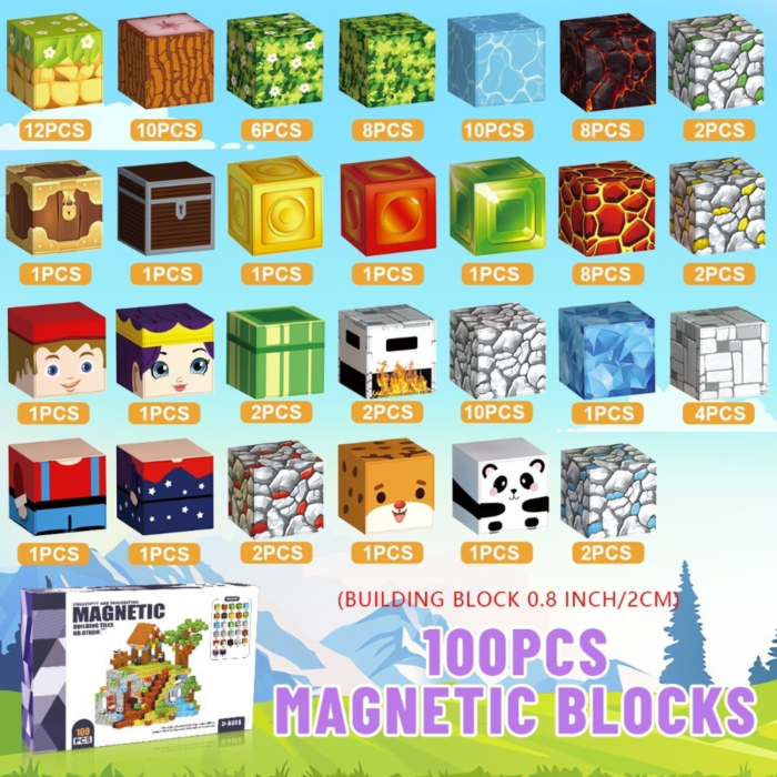 Set cuburi magnetice de constructie, joc educativ STEM cu blocuri magnetice tip pixel, sat cu cascada si rau 3D, 100 piese, 3+ ani [7]