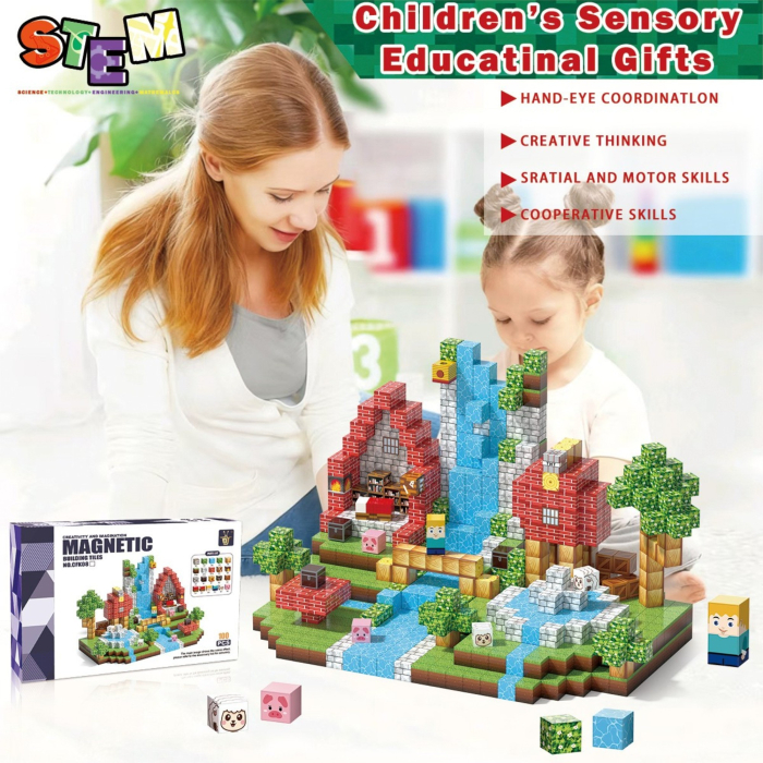 Set cuburi magnetice de constructie, joc educativ STEM cu blocuri magnetice tip pixel, sat cu cascada si rau 3D, 100 piese, 3+ ani [2]