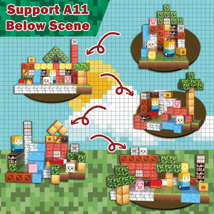 Set cuburi magnetice de constructie, joc educativ STEM cu blocuri magnetice tip pixel, sat cu cascada si rau 3D, 100 piese, 3+ ani [4]