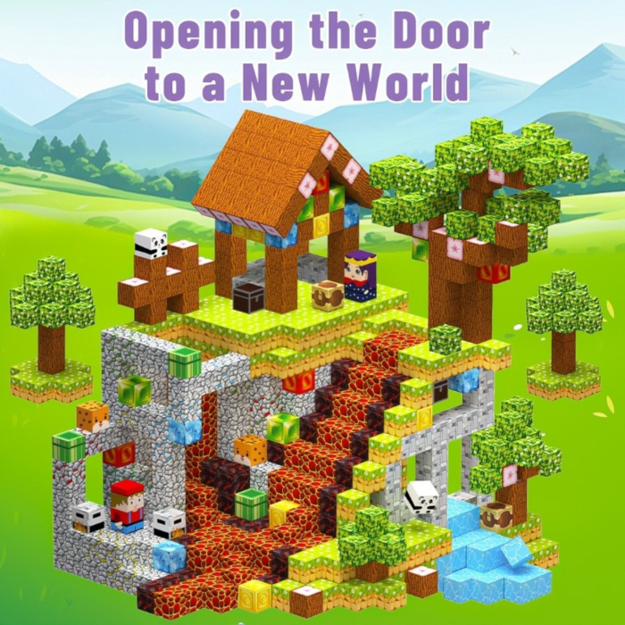 Set cuburi magnetice de constructie, joc educativ STEM cu blocuri magnetice tip pixel, sat cu cascada si rau 3D, 100 piese, 3+ ani [5]