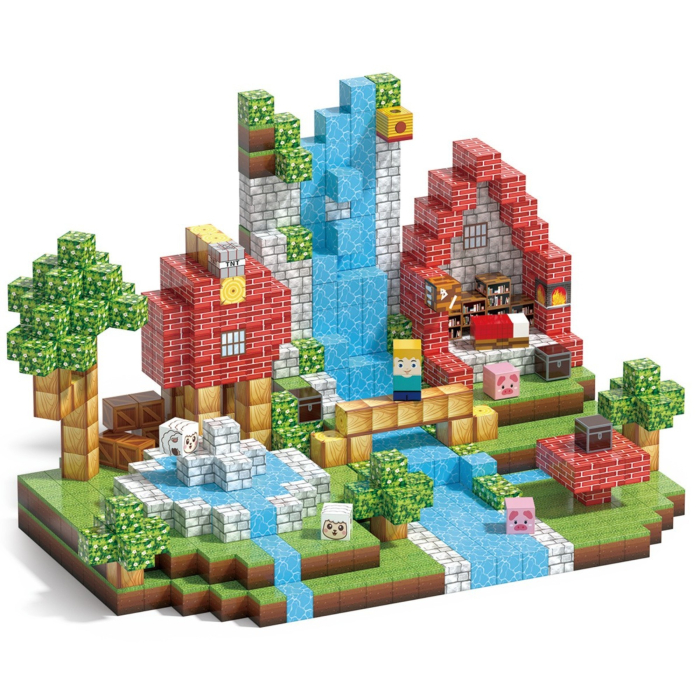 Set cuburi magnetice de constructie, joc educativ STEM cu blocuri magnetice tip pixel, sat cu cascada si rau 3D, 100 piese, 3+ ani [7]