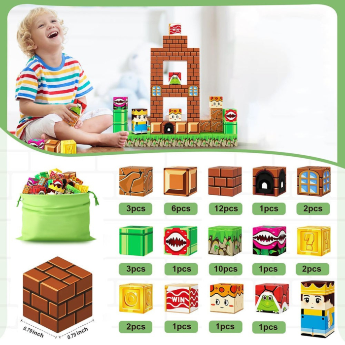 Set cuburi magnetice de constructie, joc educativ STEM cu blocuri magnetice tip pixel, vulcan si lava 3D, 60 piese, 3+ ani [5]