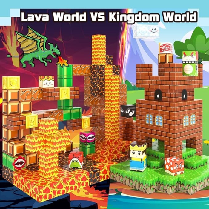 Set cuburi magnetice de constructie, joc educativ STEM cu blocuri magnetice tip pixel, vulcan si lava 3D, 60 piese, 3+ ani [9]