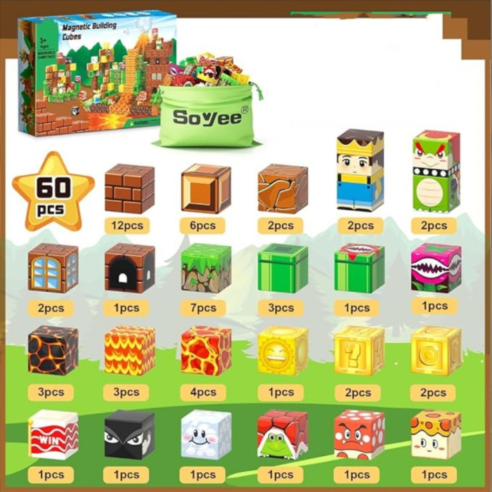 Set cuburi magnetice de constructie, joc educativ STEM cu blocuri magnetice tip pixel, vulcan si lava 3D, 60 piese, 3+ ani [6]