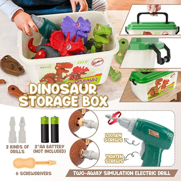 Set dinozauri de asamblat, 6 figurine demontabile cu bormasina de jucarie, surubelnite si cutie depozitare, 3+ ani [3]