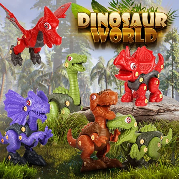 Set dinozauri de asamblat, 6 figurine demontabile cu bormasina de jucarie, surubelnite si cutie depozitare, 3+ ani [4]