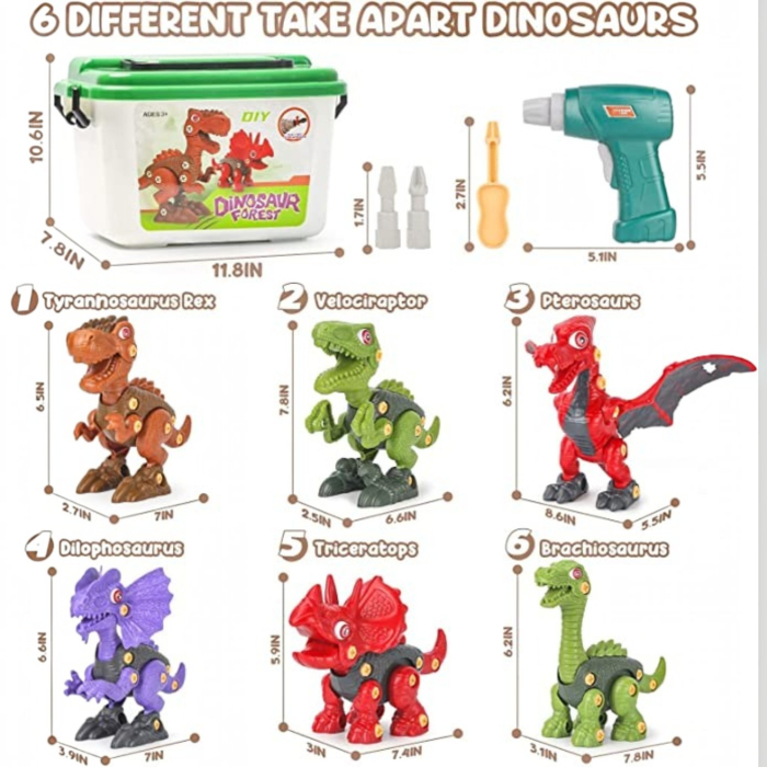 Set dinozauri de asamblat, 6 figurine demontabile cu bormasina de jucarie, surubelnite si cutie depozitare, 3+ ani [6]
