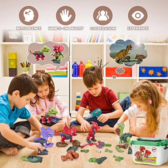 Set dinozauri de asamblat, 6 figurine demontabile cu bormasina de jucarie, surubelnite si cutie depozitare, 3+ ani [5]