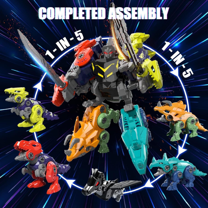 Set dinozauri de asamblat, robot transformabil 5 in 1, piese de constructie cu surubelnita [5]