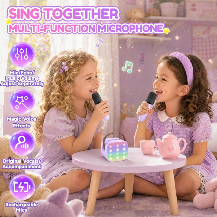 Set karaoke pentru copii, boxa portabila Bluetooth cu lumini LED si 2 microfoane wireless, efecte voce, sunet 3D, reincarcabil [6]