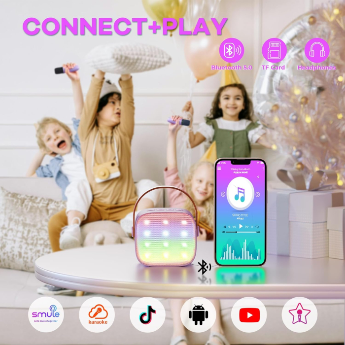 Set karaoke pentru copii, boxa portabila Bluetooth cu lumini LED si 2 microfoane wireless, efecte voce, sunet 3D, reincarcabil [3]