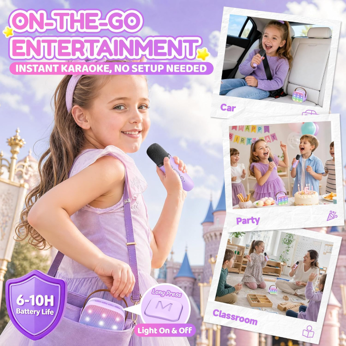 Set karaoke pentru copii, boxa portabila Bluetooth cu lumini LED si 2 microfoane wireless, efecte voce, sunet 3D, reincarcabil [7]