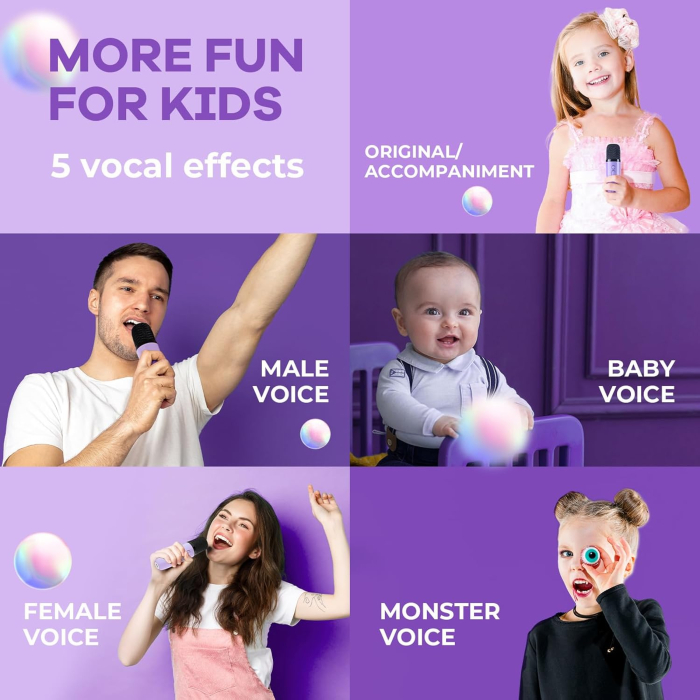 Set karaoke pentru copii, boxa portabila Bluetooth cu lumini LED si 2 microfoane wireless, efecte voce, sunet 3D, reincarcabil [4]