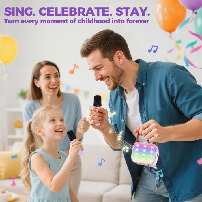 Set karaoke pentru copii, boxa portabila Bluetooth cu lumini LED si 2 microfoane wireless, efecte voce, sunet 3D, reincarcabil [5]