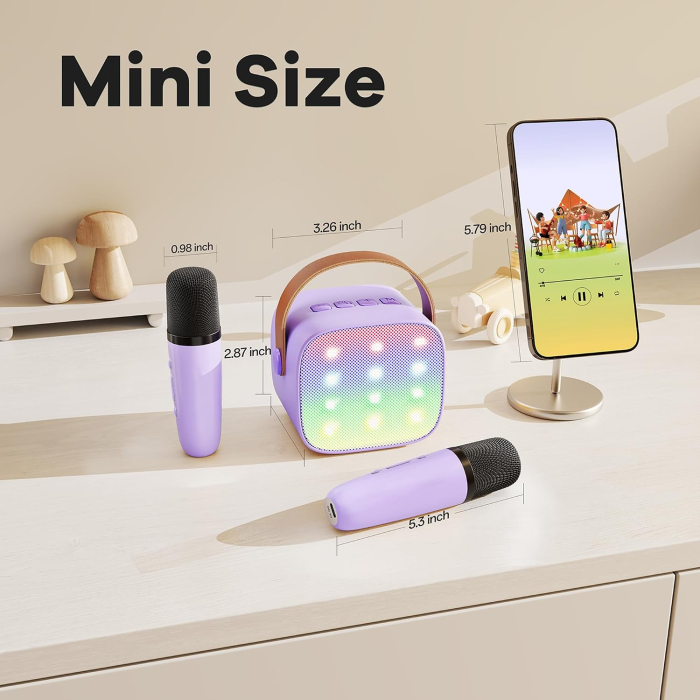 Set karaoke pentru copii, boxa portabila Bluetooth cu lumini LED si 2 microfoane wireless, efecte voce, sunet 3D, reincarcabil [8]