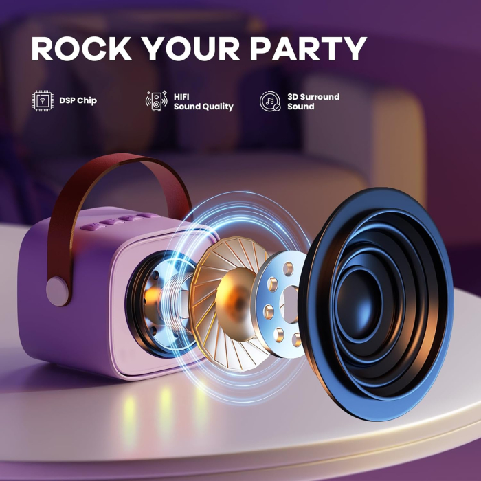 Set karaoke pentru copii, boxa portabila Bluetooth cu lumini LED si 2 microfoane wireless, efecte voce, sunet 3D, reincarcabil [2]