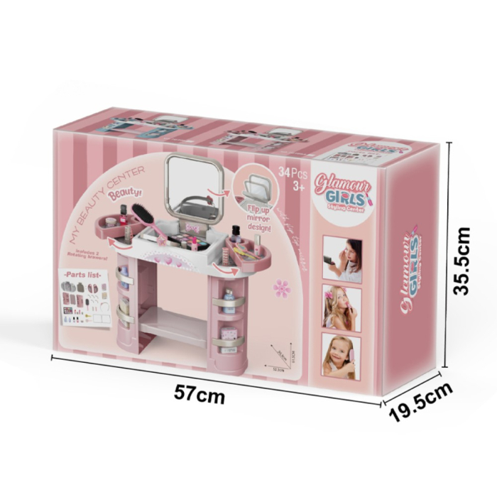 Set masa de machiaj pentru fete, masuta beauty cu oglinda, 34 accesorii coafura si machiaj, jucarie de rol, roz, 3+ ani [4]