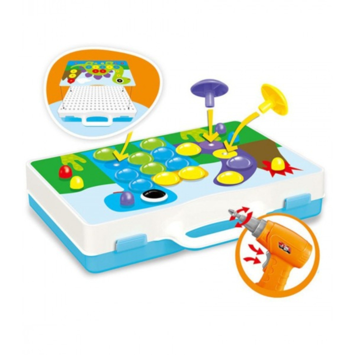 Set mozaic creativ STEM, puzzle peg cu bormasina de jucarie, plansa de lucru, 8 carduri cu dinozauri, 224 piese [5]