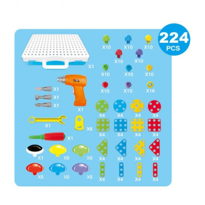 Set mozaic creativ STEM, puzzle peg cu bormasina de jucarie, plansa de lucru, 8 carduri cu dinozauri, 224 piese [6]