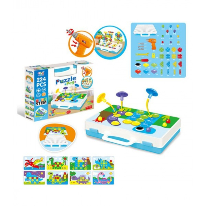 Set mozaic creativ STEM, puzzle peg cu bormasina de jucarie, plansa de lucru, 8 carduri cu dinozauri, 224 piese [2]