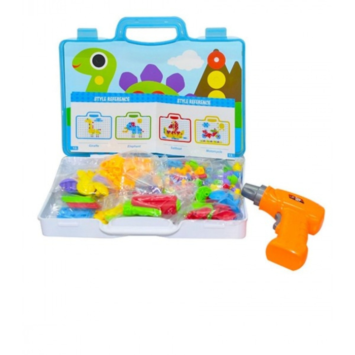 Set mozaic creativ STEM, puzzle peg cu bormasina de jucarie, plansa de lucru, 8 carduri cu dinozauri, 224 piese [7]